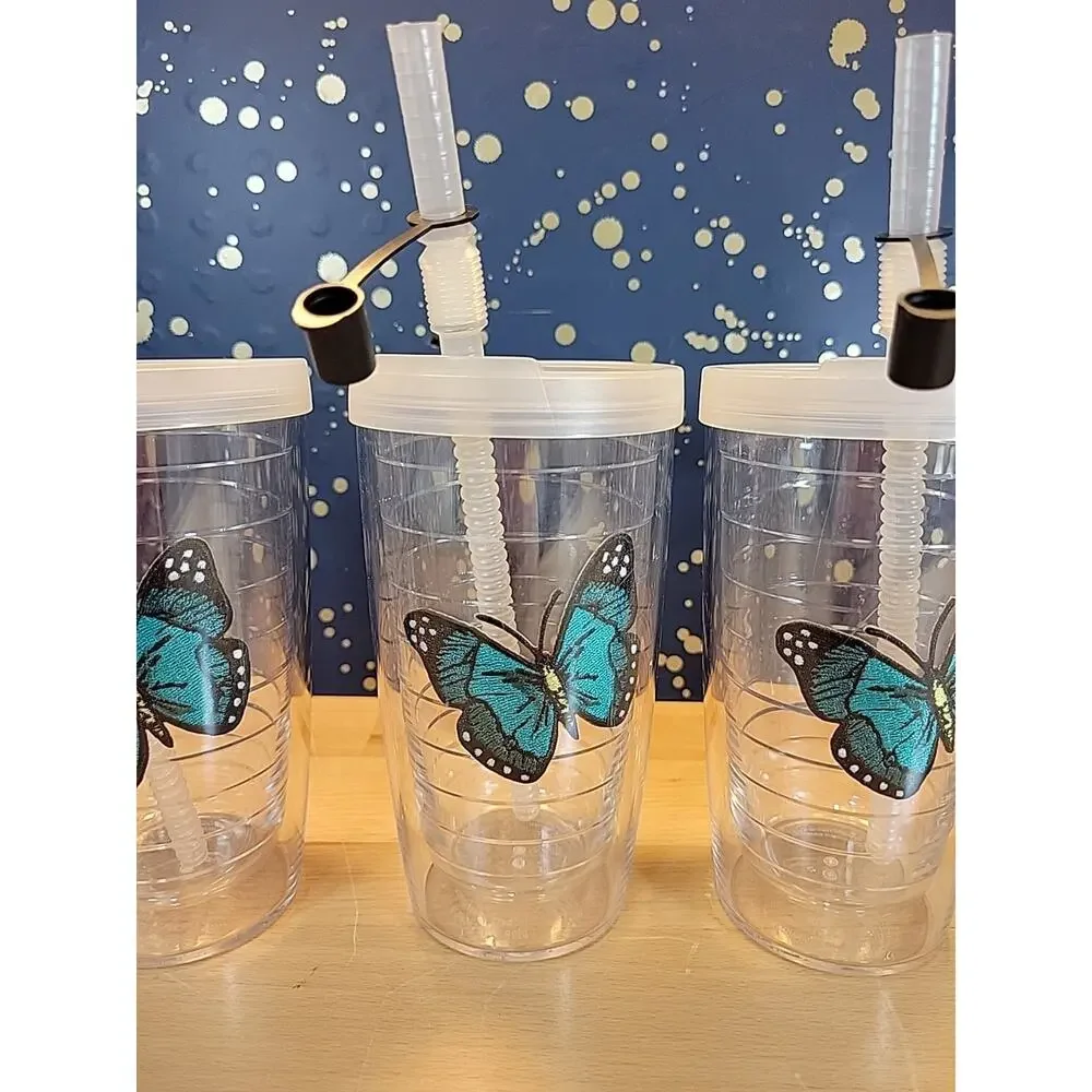 Tervis tumblers (Set of 4) Blue Butterfly 16 oz w/ lids and straws Insulated